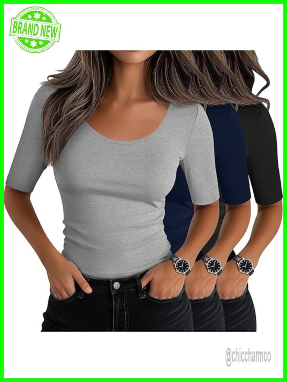 3 Pack Scoop Neck Half Sleeve Fitted Cotton Blend Stretchy T-Shirts Casual